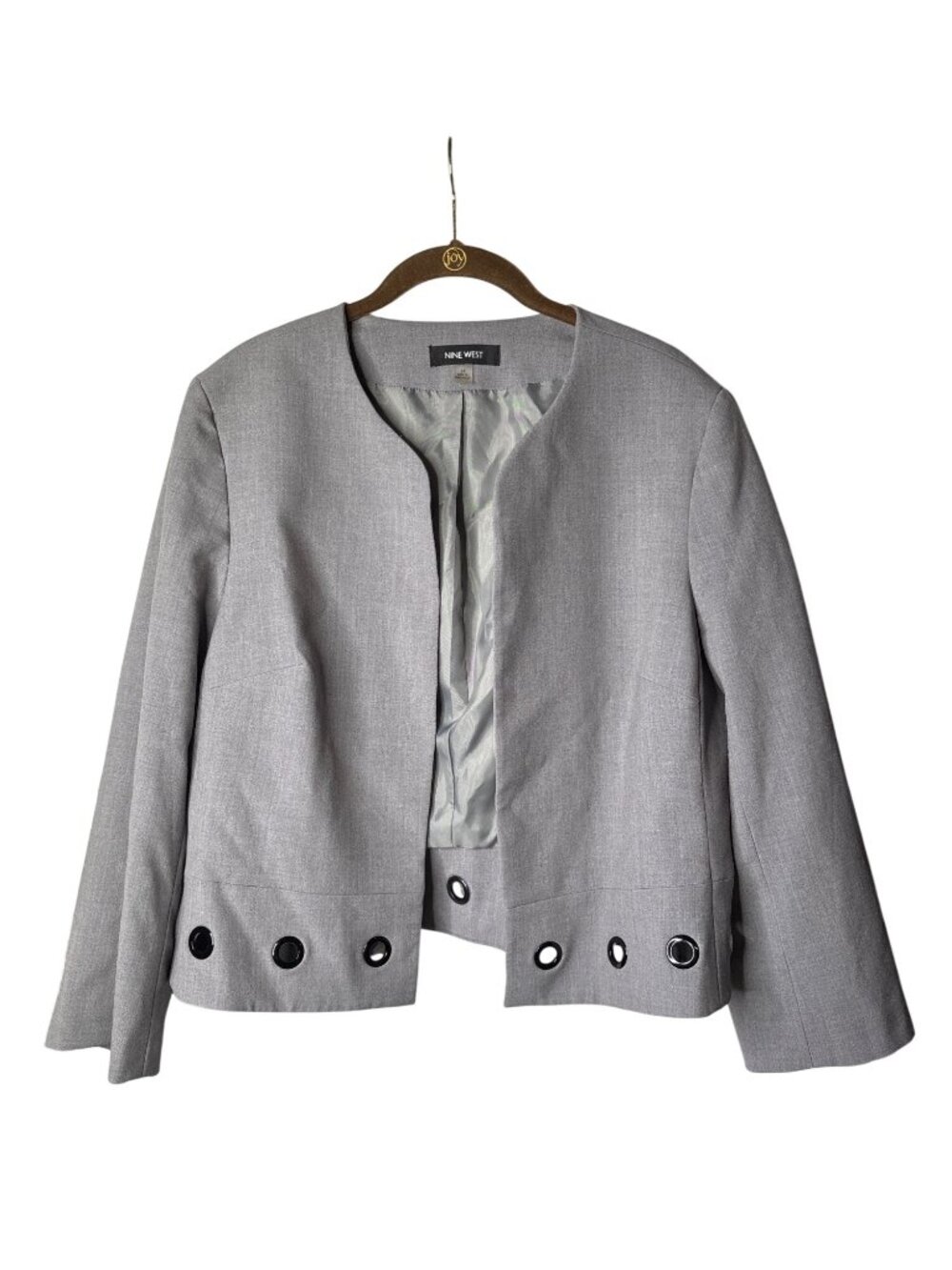 Nine West Womens Grommet-Trim Blazer Jacket Size 14 Open Front Lined Grey